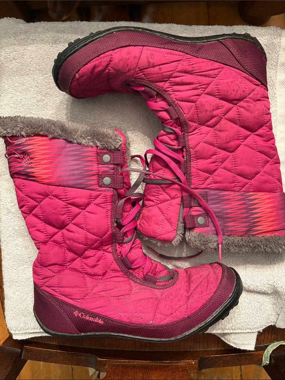 Columbia Magenta Quilted Lace-Up Winter Boots with Faux-Fur Trim